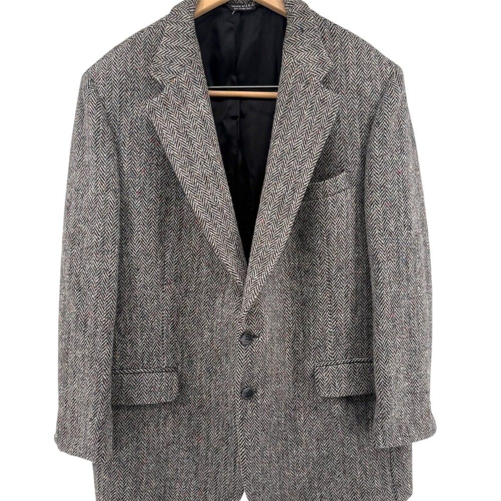 Harris Tweed Mens Grey Herringbone Wool Blazer Sport Coat 46R USA Made
